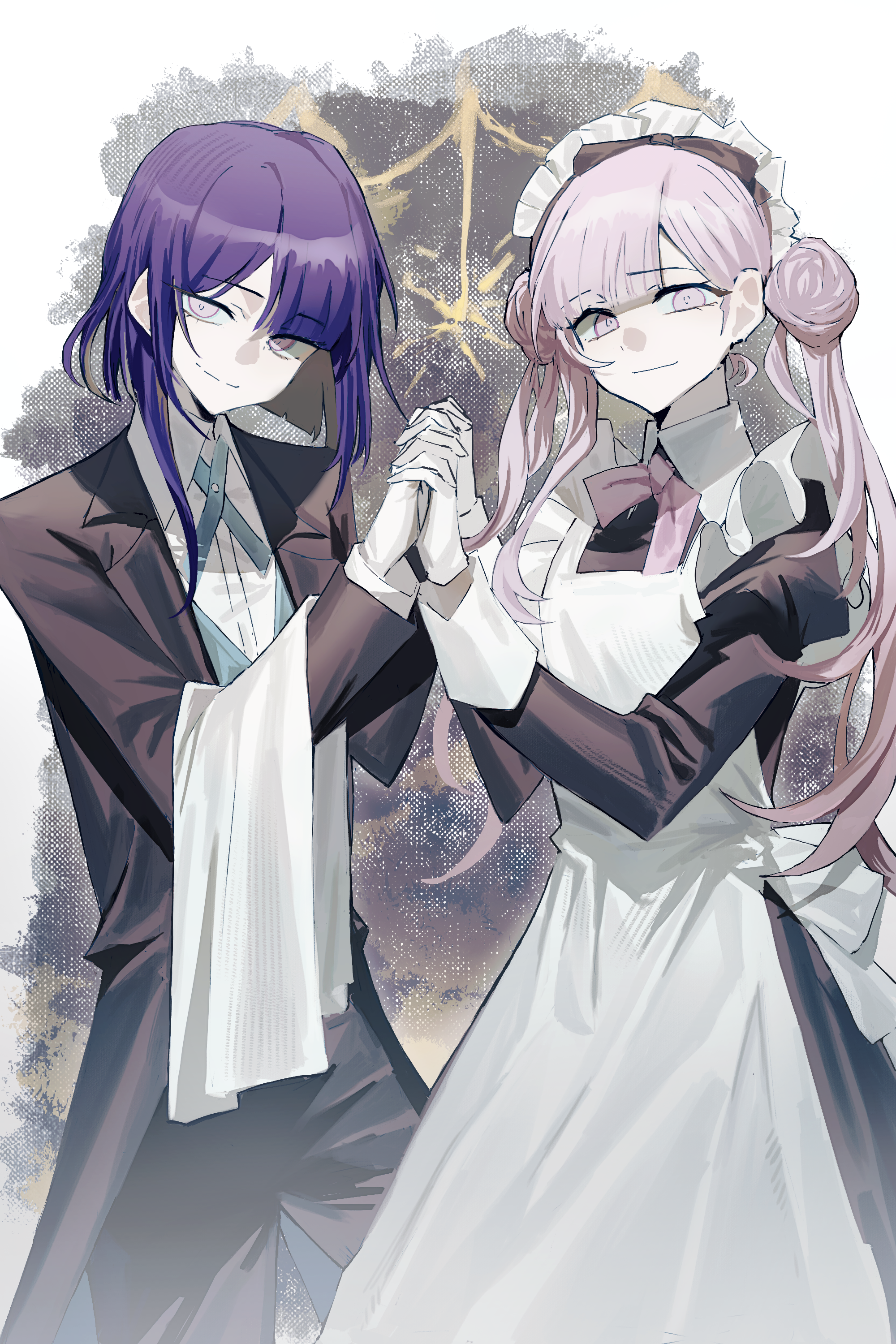 tsukumo ima, tsukumo kako, the hundred line -last defense academy-, absurdres, chinese commentary, commentary request, highres, 1boy, 1girl, apron, black bow, black coat, black dress, black pants, blue vest, bolo tie, bow, bowtie, brother and sister, brown hair, closed mouth, coat, collared dress, collared shirt, colored inner hair, dacongming98237, double bun, dress, gloves, hair bun, juliet sleeves, lapels, long hair, long sleeves, maid, maid headdress, multicolored hair, notched lapels, official alternate costume, pants, pink bow, pink bowtie, pink eyes, pink hair, puffy sleeves, purple hair, shirt, short hair, siblings, smile, twins, twintails, two-tone hair, vest, white apron, white dress, white gloves, white shirt, wing collar