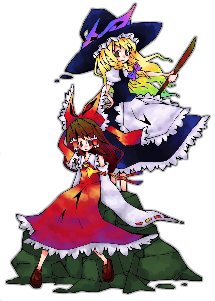 24nora, hakurei reimu, kirisame marisa, touhou, highres, 2girls, apron, ascot, black dress, blonde hair, blush, bow, braid, brown eyes, brown hair, closed mouth, collar, curly hair, detached sleeves, dress, female focus, frills, gohei, green eyes, hair bow, long hair, looking at viewer, multiple girls, red bow, red dress, ribbon-trimmed sleeves, ribbon trim, simple background, single braid, smile, very long hair, waist apron, white background