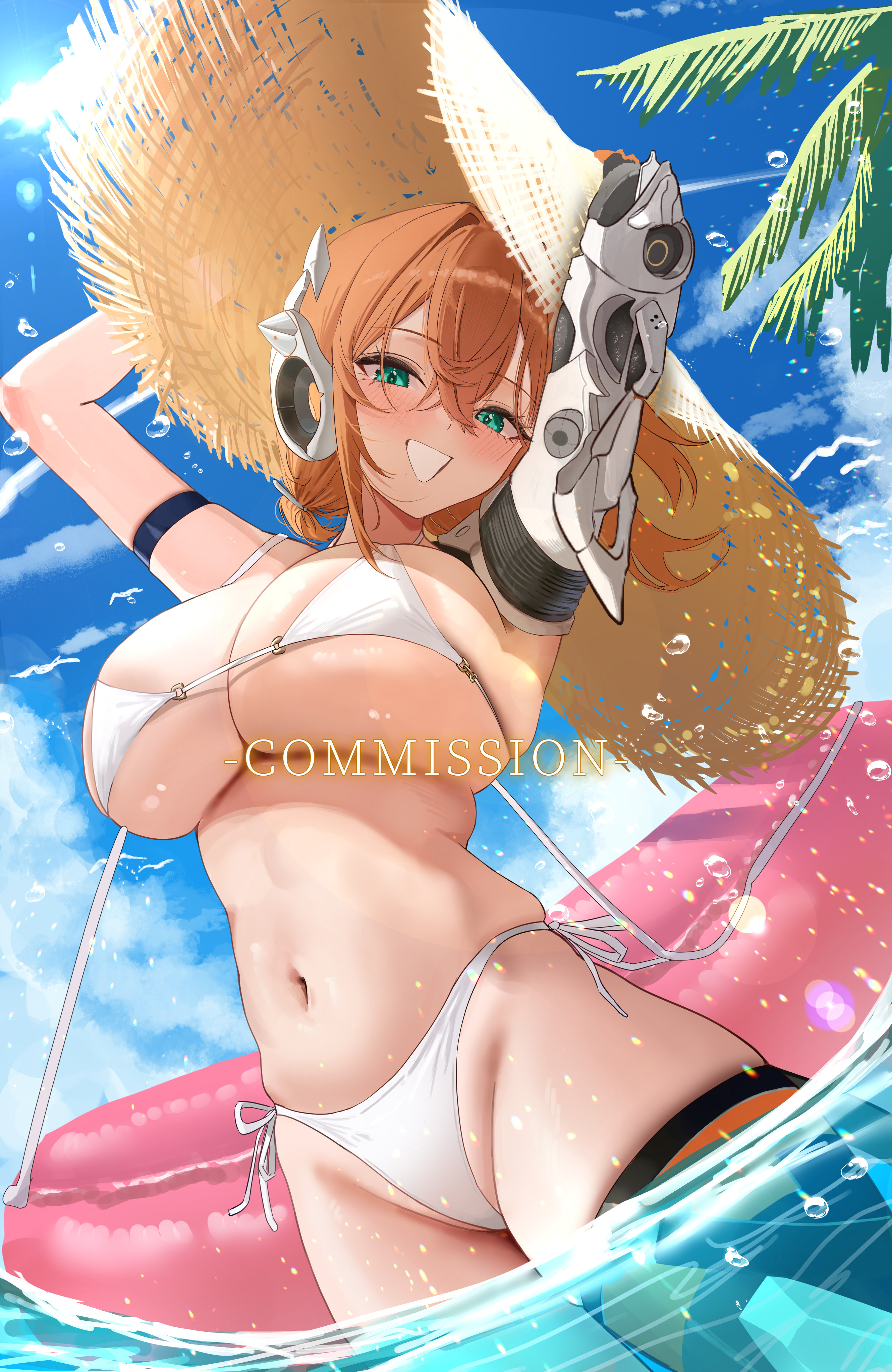 rossy (yowayowachimpo), indie virtual youtuber, absurdres, commission, highres, 1girl, arm strap, arms behind head, bikini, breasts, cleavage, cloud, dahhuz, green eyes, hair between eyes, hat, large breasts, mechanical arms, navel, orange hair, palm leaf, side-tie bikini bottom, single mechanical arm, sky, smile, stomach, straw hat, swim ring, swimsuit, virtual youtuber, white bikini