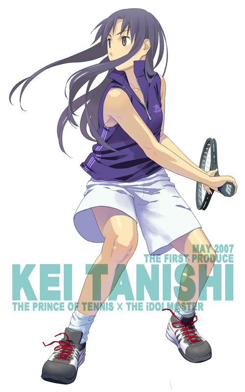yoshitaka, kisaragi chihaya, idolmaster, idolmaster (classic), idolmaster 1, 00s, 1girl, black eyes, black hair, female focus, long hair, racket, shirt, shoes, shorts, sleeveless, sleeveless shirt, socks, solo, standing, tennis, tennis racket, white shorts