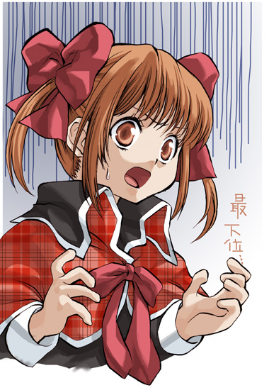 takano natsuki, yuiki yaya, shugo chara!, 1girl, bow, bowtie, brown eyes, brown hair, female focus, hair bow, long sleeves, red bow, red bowtie, simple background, solo, sweatdrop, upper body, white background, wide-eyed