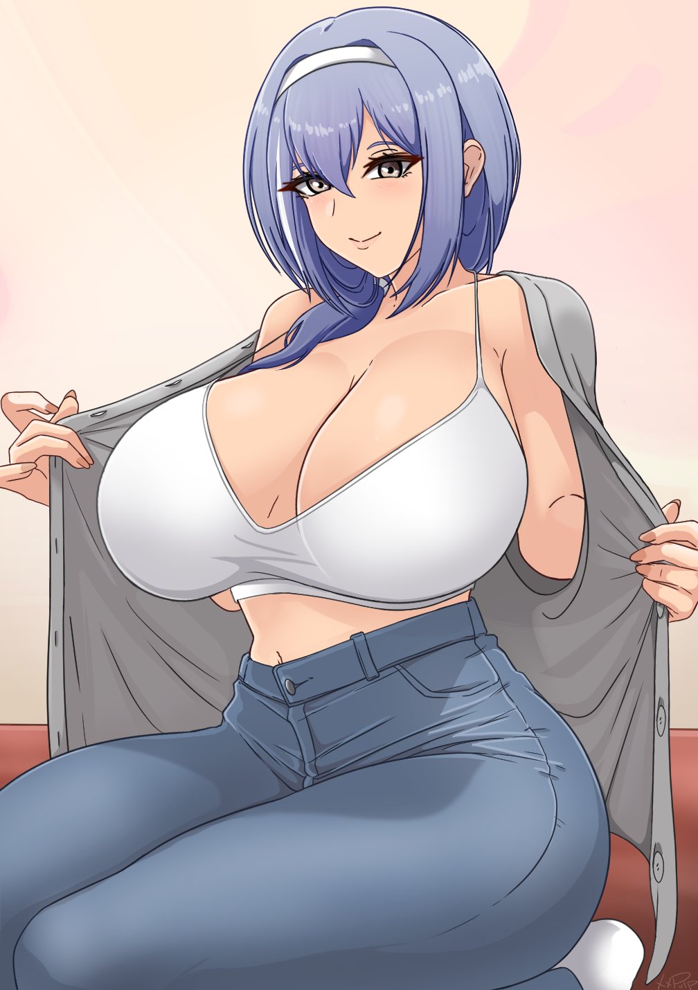xxpulp, dp-12 (girls' frontline), girls' frontline, highres, 1girl, blue hair, bra, breasts, denim, grey eyes, grey shirt, hair between eyes, hairband, jeans, large breasts, light smile, looking at viewer, navel, open clothes, open shirt, pants, shirt, simple background, sitting, socks, solo, underwear, white bra, white socks