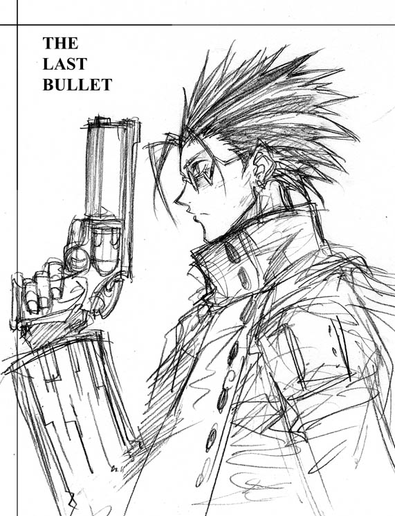 tetsu (kimuchi), vash the stampede, trigun, 1boy, agl arms .45 long colt, break-action revolver, coat, english text, glasses, greyscale, gun, handgun, high collar, long coat, low bore axis revolver, male focus, manly, monochrome, profile, revolver, short hair, sketch, solo, spiked hair, sunglasses, text focus, weapon