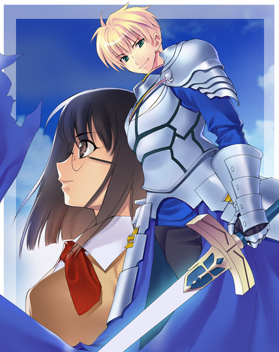azu, archetype saber, arthur pendragon (fate), artoria pendragon (fate), saber (fate), sajou ayaka (fate/prototype), saver (fate/prototype), fate/prototype, fate/stay night, fate (series), gender request, 00s, 1boy, 1girl, armor, black hair, blonde hair, brown eyes, genderswap, glasses, green eyes, prototype design, school uniform, serafuku, short hair, sword, weapon