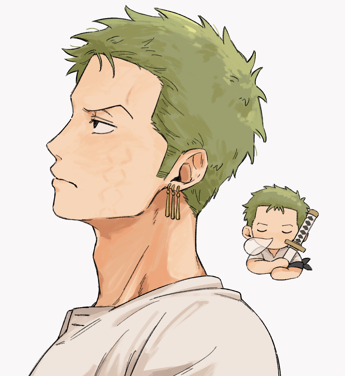 iqracha, roronoa zoro, one piece, highres, 1boy, adam's apple, closed mouth, earrings, expressionless, jewelry, male focus, multiple views, nose bubble, portrait, shirt, short hair, sideburns, simple background, sword, weapon, white shirt