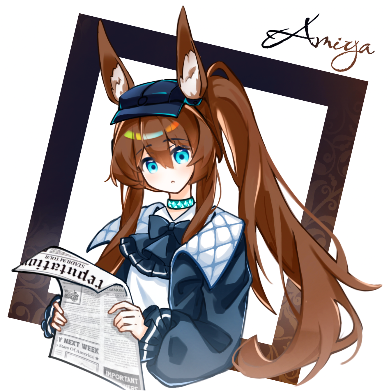 amiya (arknights), amiya (newsgirl) (arknights), arknights, chinese commentary, commentary request, highres, 1girl, animal ears, black hat, black jacket, blue collar, blue eyes, brown hair, character name, collar, cropped torso, flat cap, grey616414, hair between eyes, hat, holding, holding newspaper, jacket, long hair, long sleeves, looking at viewer, newspaper, official alternate costume, open clothes, open jacket, parted lips, ponytail, solo, white background