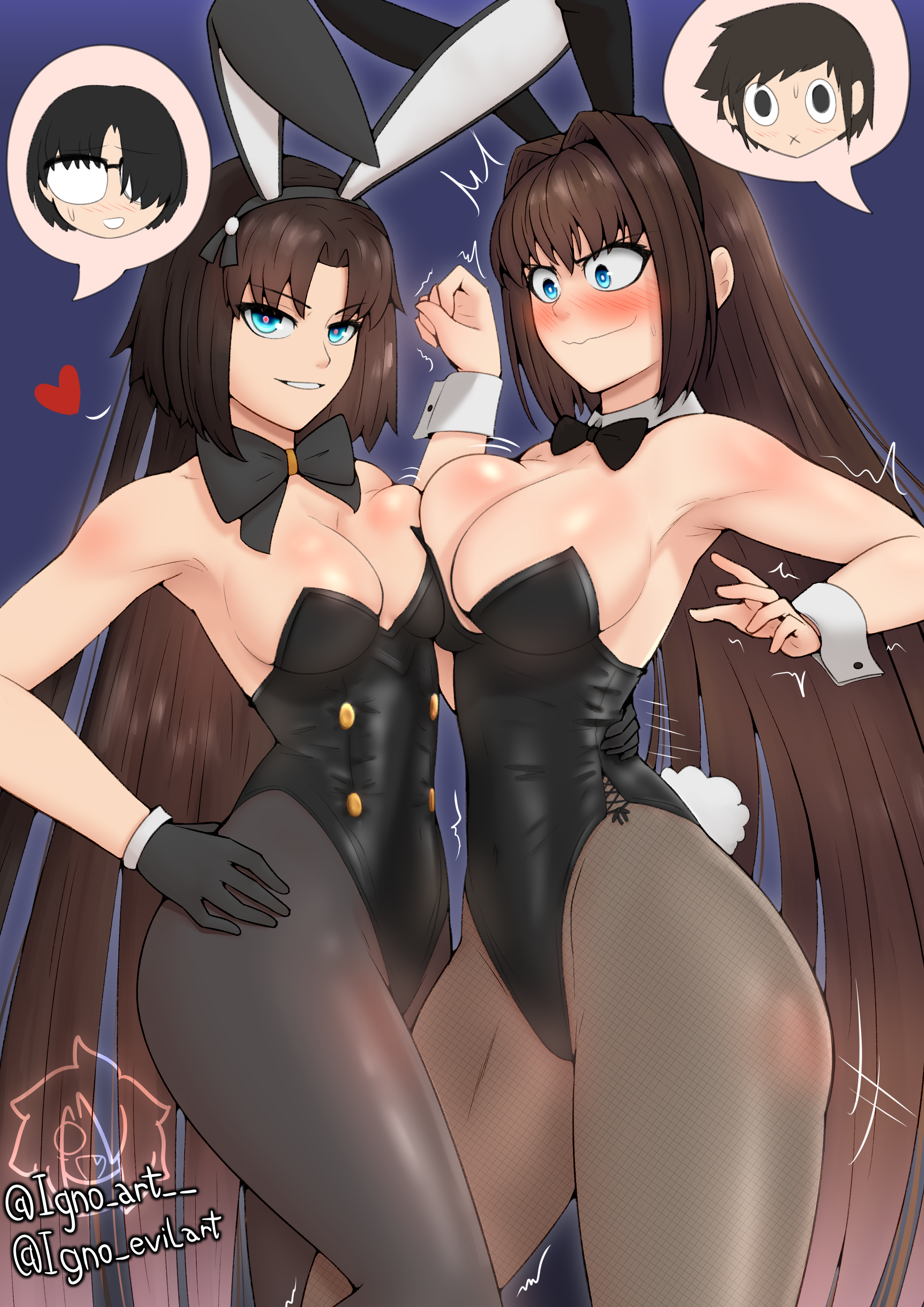 igno art, aozaki aoko, kokutou mikiya, ryougi shiki, shizuki soujuurou, kara no kyoukai, mahou tsukai no yoru, absurdres, highres, 2boys, 2girls, animal ears, black gloves, black leotard, blue eyes, blush, bow, bowtie, breasts, brown hair, brown pantyhose, cleavage, fake animal ears, gloves, grin, hair intakes, highleg, highleg leotard, large breasts, leotard, long hair, looking at viewer, multiple boys, multiple girls, pantyhose, parted bangs, playboy bunny, rabbit ears, rabbit tail, sidelocks, smile, tail, thighs, very long hair