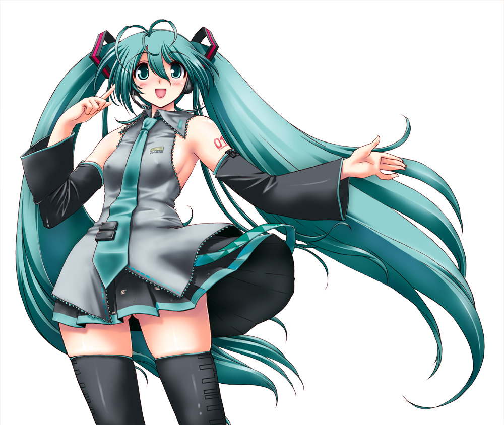 kazumi yoshiyuki, minatsuki randoseru, hatsune miku, vocaloid, 1girl, aqua hair, breasts, covered erect nipples, female focus, large breasts, long hair, solo, thighhighs, twintails, very long hair, zettai ryouiki