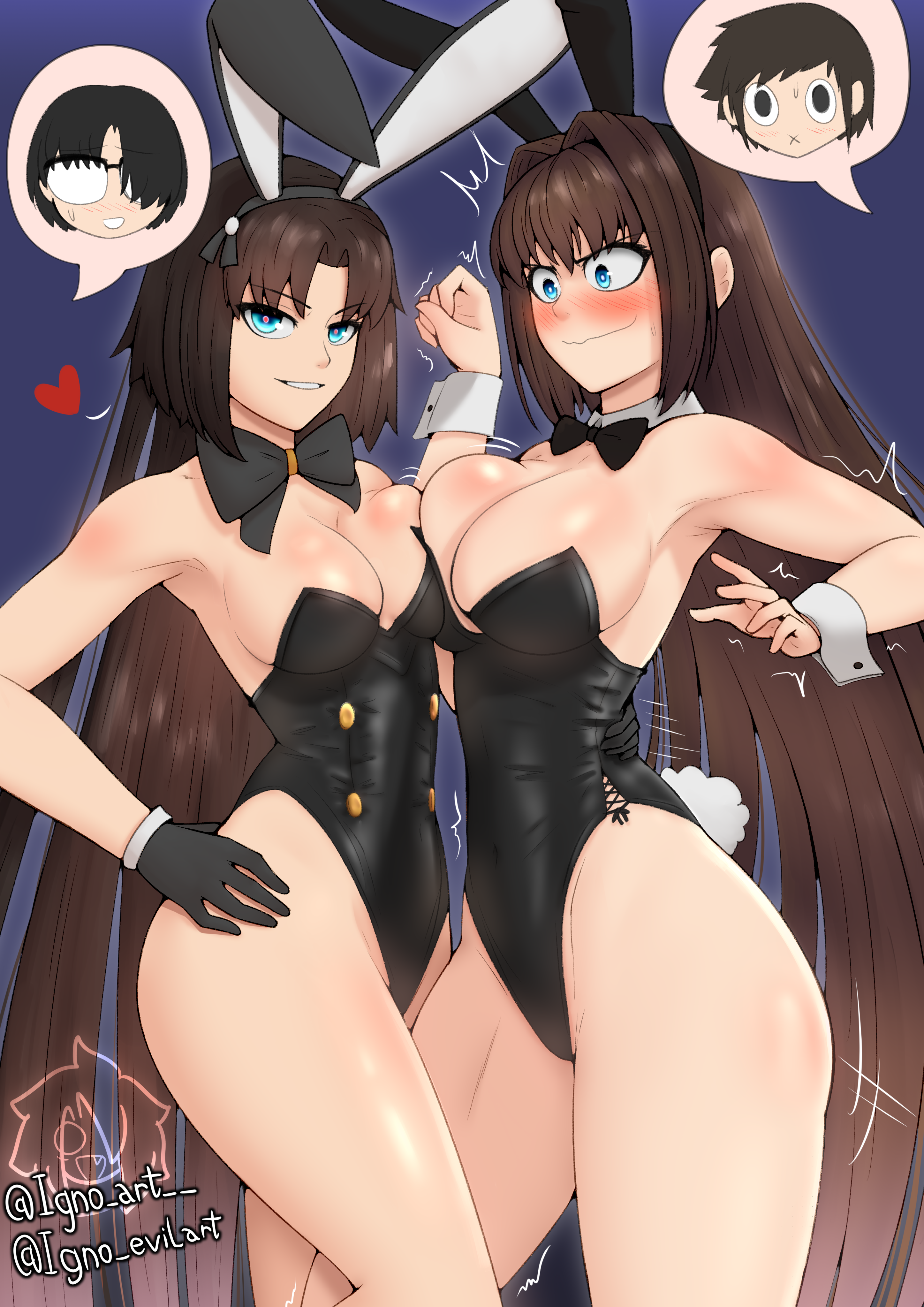 igno art, aozaki aoko, kokutou mikiya, ryougi shiki, shizuki soujuurou, kara no kyoukai, mahou tsukai no yoru, absurdres, highres, 2boys, 2girls, animal ears, black gloves, black leotard, blue eyes, blush, bow, bowtie, breasts, brown hair, cleavage, fake animal ears, gloves, grin, hair intakes, highleg, highleg leotard, large breasts, leotard, long hair, looking at viewer, multiple boys, multiple girls, parted bangs, playboy bunny, rabbit ears, rabbit tail, sidelocks, smile, tail, thighs, very long hair