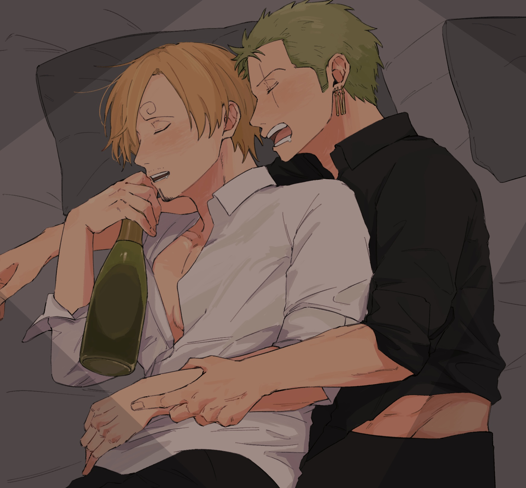 iqracha, roronoa zoro, sanji (one piece), one piece, highres, 2boys, black pants, black shirt, blonde hair, blush, bottle, closed eyes, curly eyebrows, drunk, earrings, facial hair, goatee stubble, holding, holding bottle, hug, jewelry, lying, male focus, midriff peek, multiple boys, mustache stubble, on side, open mouth, pants, pectorals, pillow, scar, scar across eye, scar on face, shirt, short hair, stubble, white shirt, yaoi