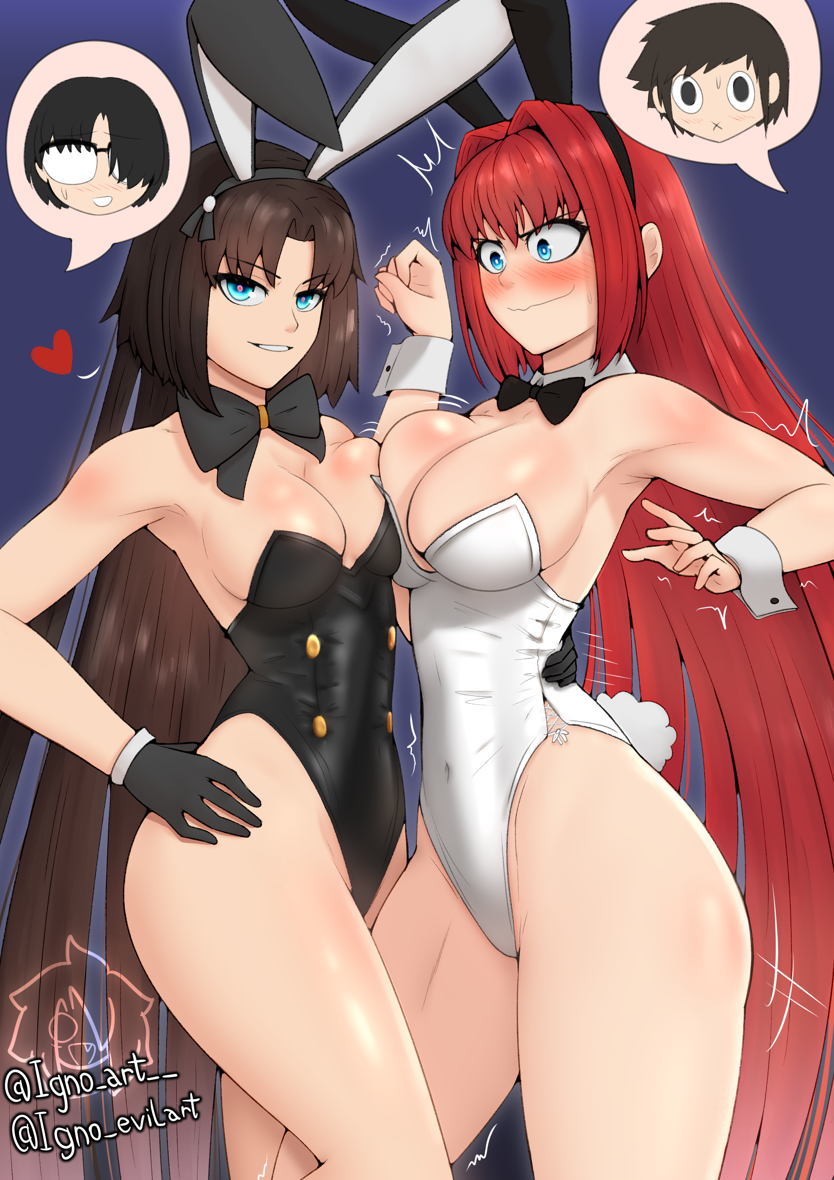 igno art, aozaki aoko, kokutou mikiya, ryougi shiki, shizuki soujuurou, super aoko, kara no kyoukai, mahou tsukai no yoru, absurdres, highres, 2boys, 2girls, animal ears, black gloves, black leotard, blue eyes, blush, bow, bowtie, breasts, brown hair, cleavage, fake animal ears, gloves, grin, hair intakes, highleg, highleg leotard, large breasts, leotard, long hair, looking at viewer, multiple boys, multiple girls, parted bangs, playboy bunny, rabbit ears, rabbit tail, red hair, sidelocks, smile, tail, thighs, very long hair, white leotard