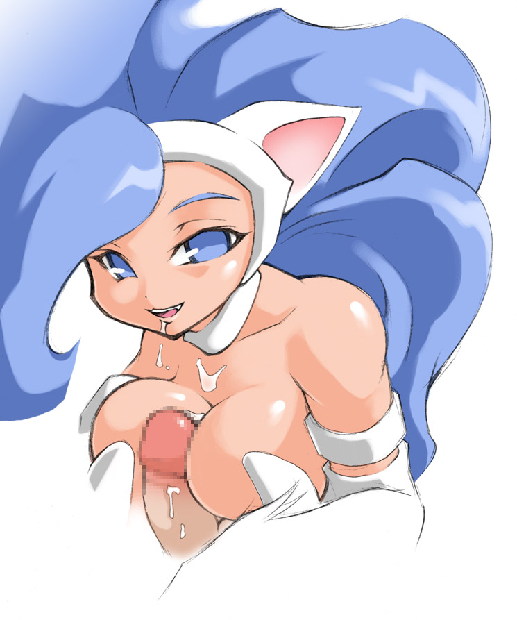 noise (lesion949), felicia (darkstalkers), capcom, darkstalkers, animal ears, animal hands, blue eyes, blue hair, breasts, cat ears, censored, cum, fang, long hair, open mouth, paizuri, penis, solo focus