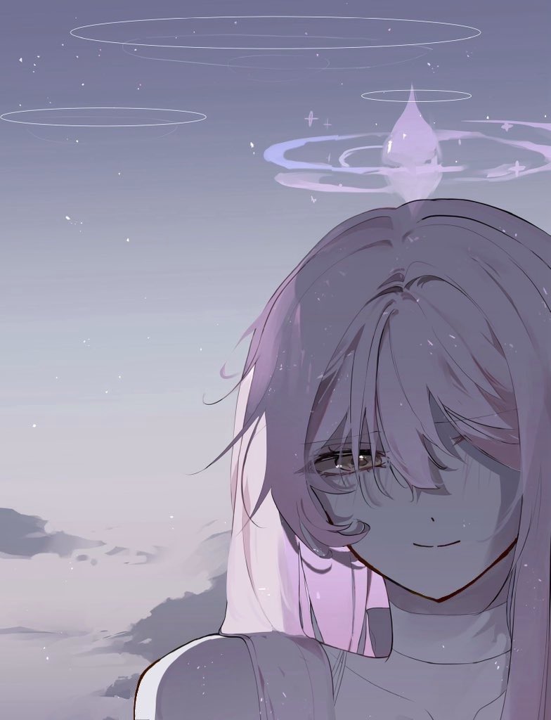 engmuu 125, mika (blue archive), blue archive, 1girl, bare shoulders, blush, closed mouth, cloud, dress, grey sky, hair between eyes, halo, long hair, looking at viewer, pink hair, portrait, purple halo, sky, sleeveless, sleeveless dress, smile, solo, white dress, yellow eyes