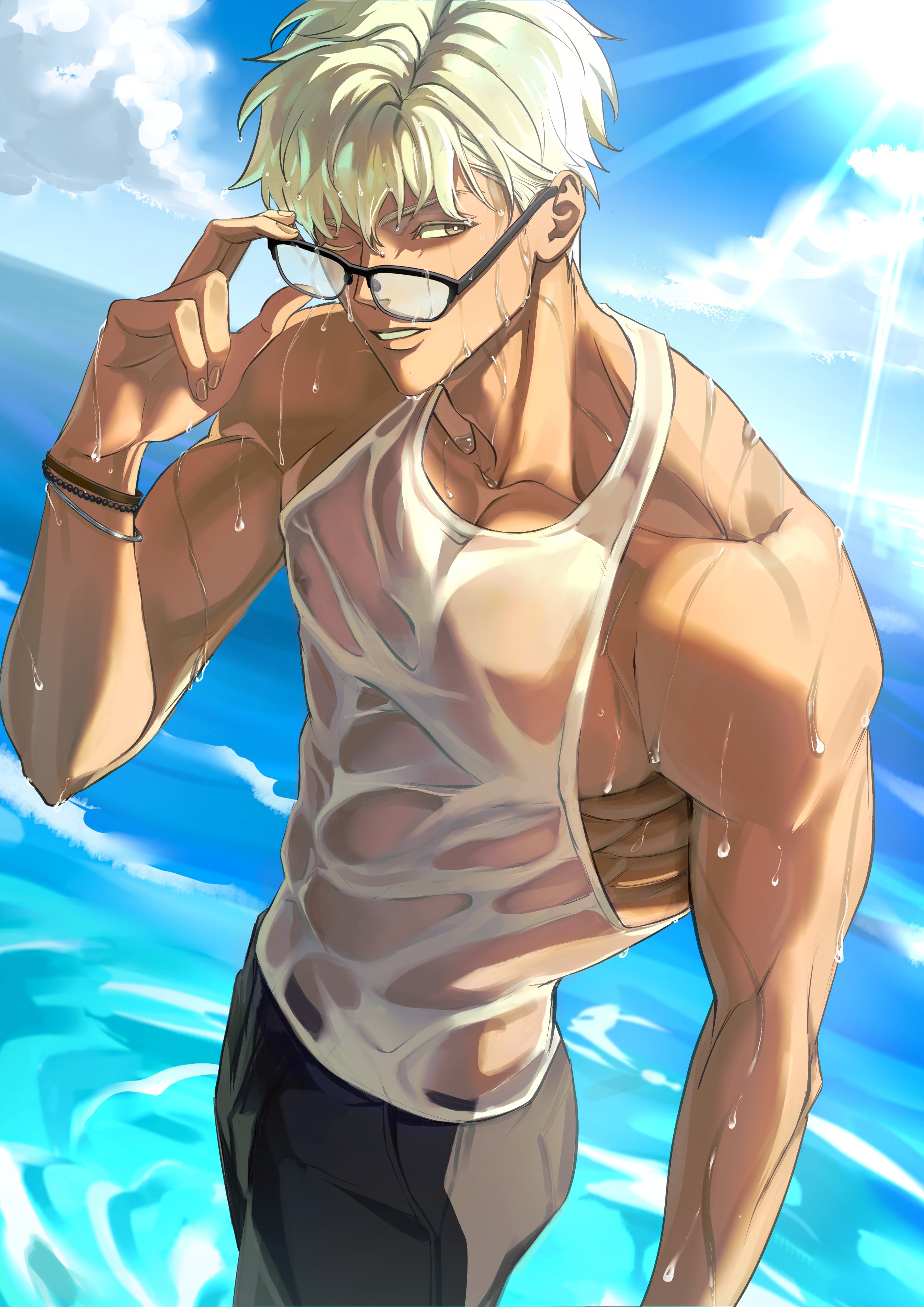 maysy633, archer (fate), archer (summer casual) (fate), fate/grand order, fate (series), absurdres, highres, 1boy, dark-skinned male, dark skin, glasses, male focus, muscular, muscular male, ocean, round eyewear, shirt, sleeveless, sleeveless shirt, solo, water, wet, white hair, white shirt
