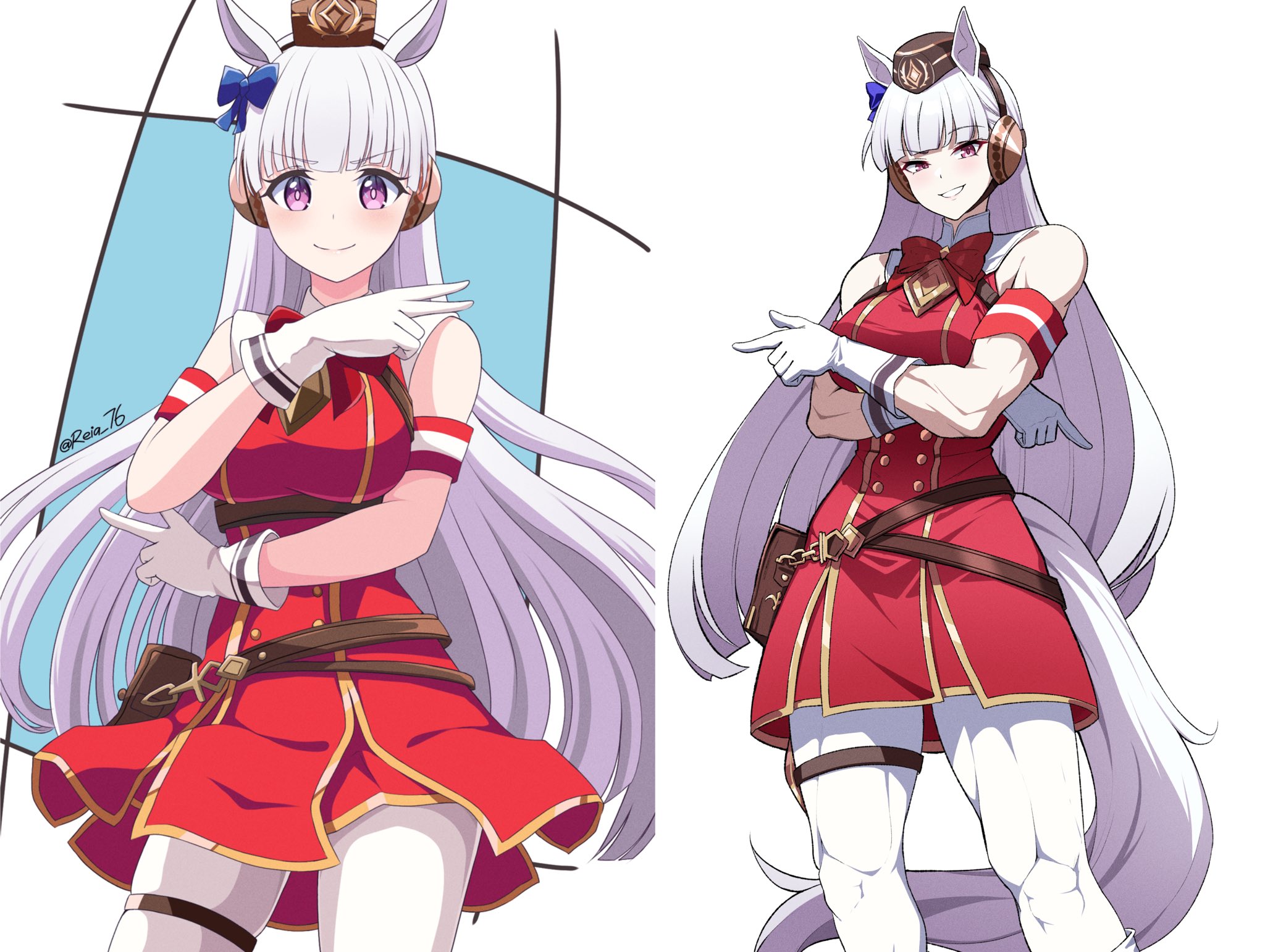 reia 76, gold ship (umamusume), umamusume, highres, 1girl, animal ears, blunt bangs, bow, brown hat, dress, ear bow, ear covers, hat, horse ears, horse girl, horse tail, pillbox hat, purple bow, purple eyes, red dress, smile, solo, tail
