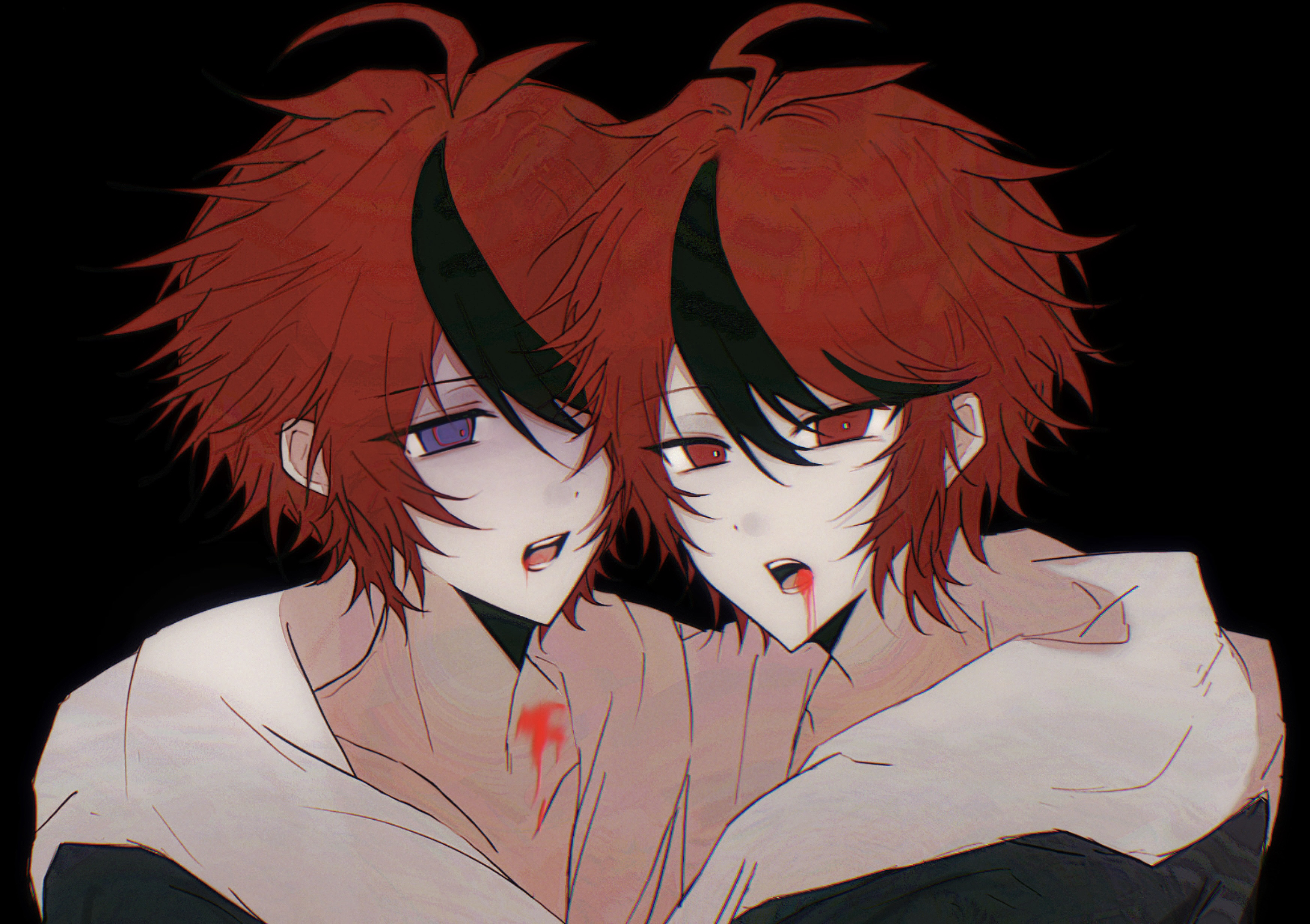 sumino takumi, the hundred line -last defense academy-, absurdres, chinese commentary, commentary request, highres, spoilers, 2boys, ahoge, black background, black hair, black jacket, blood, blood from mouth, blue eyes, bright pupils, collarbone, dual persona, hair between eyes, hood, hood down, hoodie, jacket, jacket over hoodie, kazuko (ayuan96457), male focus, multicolored hair, multiple boys, official alternate eye color, open mouth, red eyes, red hair, short hair, simple background, streaked hair, two-tone hair, white hoodie, white pupils