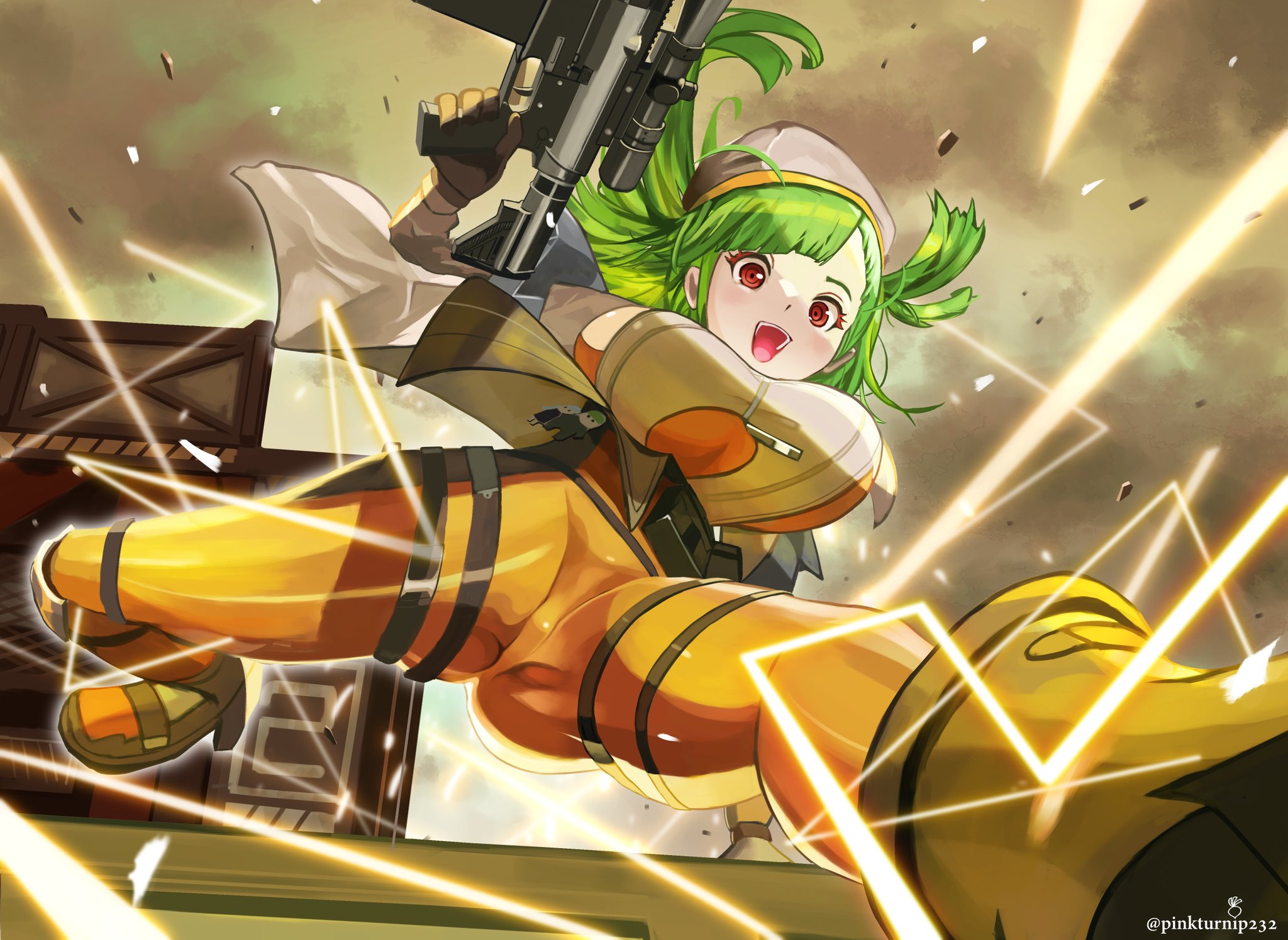 pinkturnip232, belka (girls' frontline 2), g28 (girls' frontline), hk416 (girls' frontline), girls' frontline, girls' frontline 2: exilium, highres, 1girl, :d, arm behind back, beret, blush, bodysuit, boots, breasts, character pin, excited, from below, full body, gloves, green hair, gun, h&k g28, hand up, happy, hat, high heel boots, high heels, holding, holding gun, holding weapon, large breasts, leaning back, long hair, looking at viewer, open mouth, orange bodysuit, outdoors, red eyes, rifle, sliding, smile, solo, sparks, spread legs, thigh strap, thighs, weapon