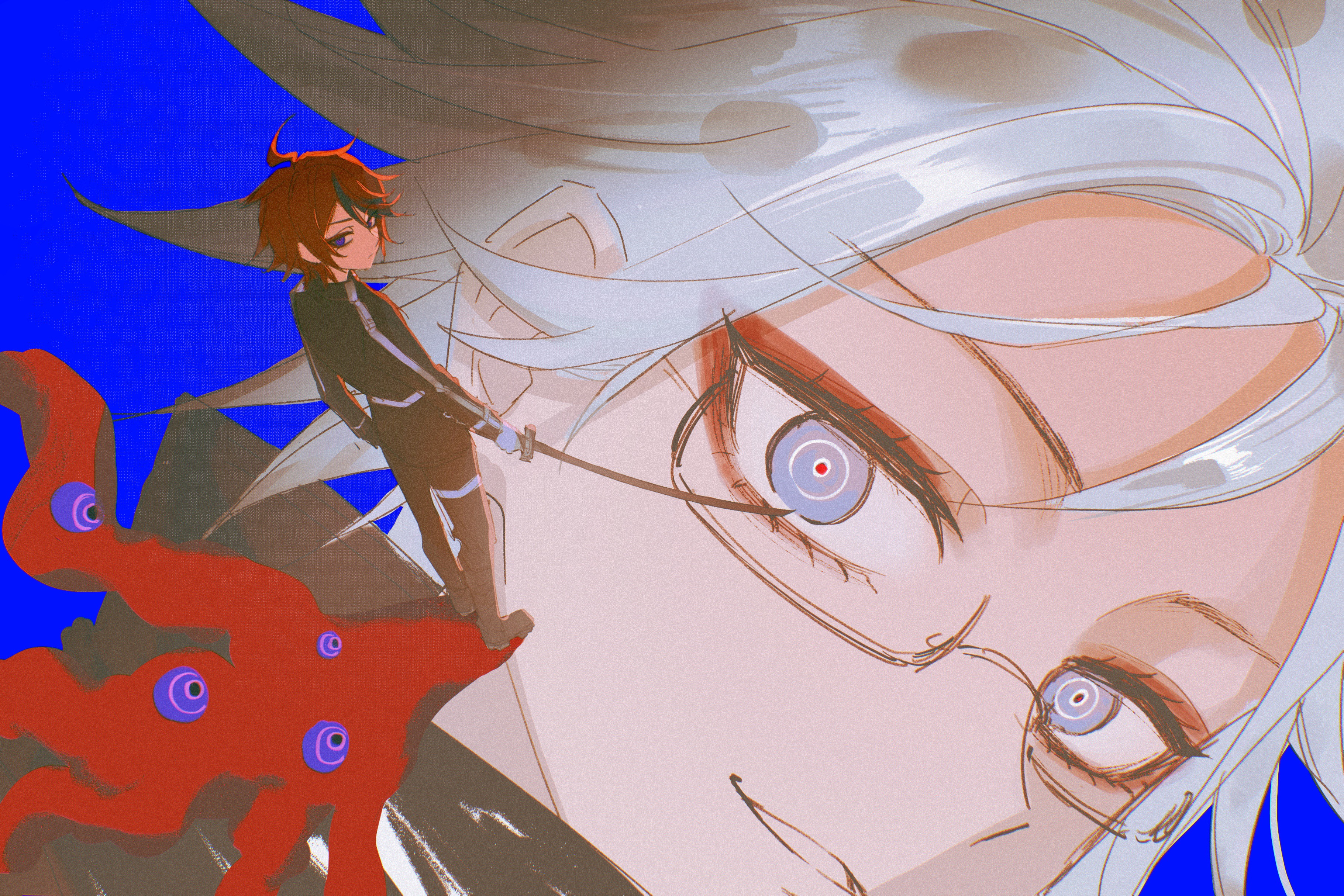 conghuaya, aotsuki eito, sumino takumi, the hundred line -last defense academy-, absurdres, chinese commentary, commentary request, highres, spoilers, 2boys, ahoge, belt, black boots, black hair, black jacket, black pants, blue background, blue eyes, boots, closed mouth, eyelashes, eyeliner, gloves, jacket, last defense academy school uniform, makeup, male focus, multicolored hair, multiple boys, official alternate hairstyle, pants, red eyeliner, red hair, red pupils, school uniform, short hair, streaked hair, thigh strap, two-tone hair, white belt, white gloves, white hair