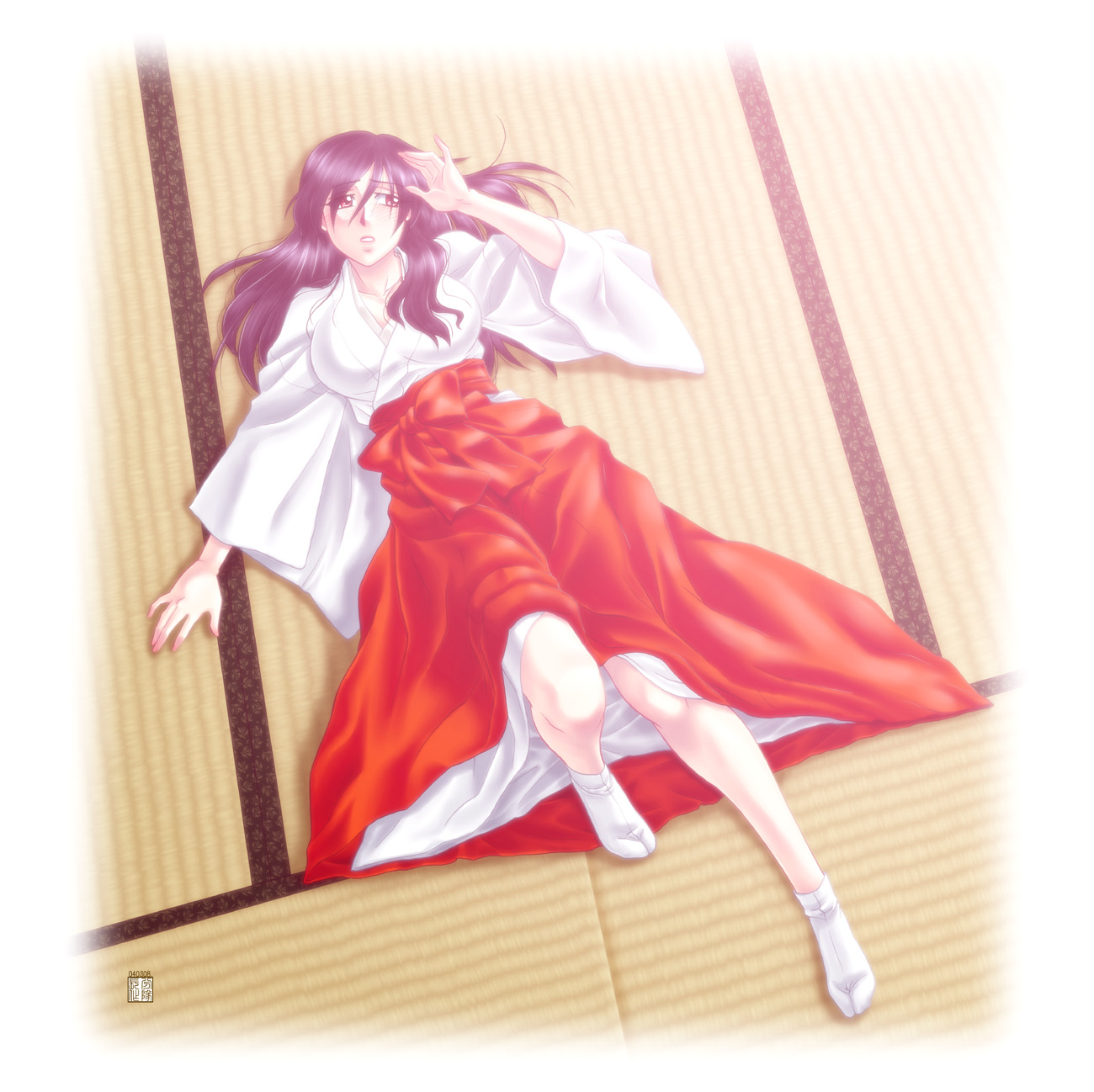 buntaichou, original, highres, 1girl, black hair, breasts, brown eyes, female focus, hakama, hakama skirt, japanese clothes, large breasts, long hair, lying, miko, red hakama, skirt, solo