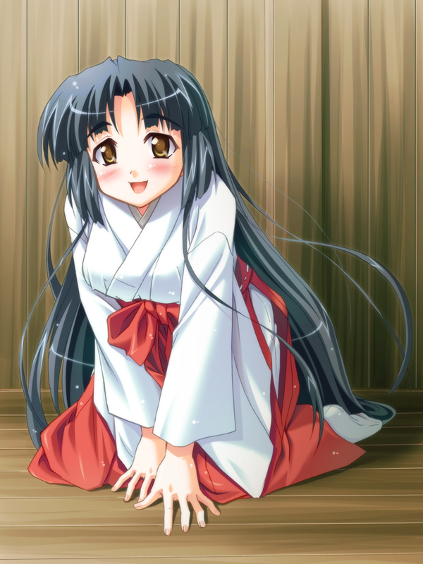 kariga, original, 1girl, all fours, black hair, brown eyes, female focus, hakama, hakama skirt, japanese clothes, kimono, long hair, looking at viewer, miko, parted bangs, red hakama, red skirt, skirt, socks, solo, tabi, very long hair, white socks