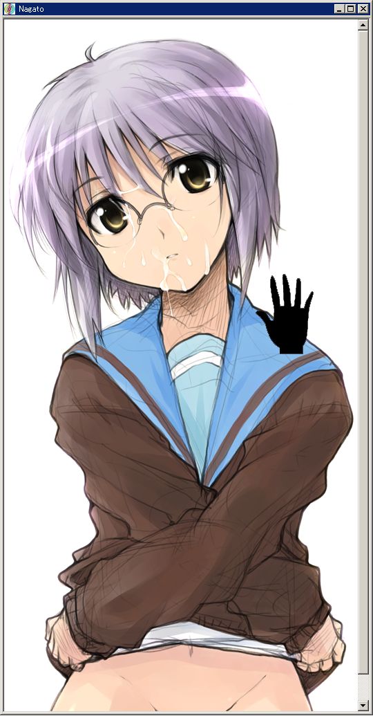 nagato yuki, suzumiya haruhi no yuuutsu, silver hair, 00s, 1girl, bottomless, cardigan, cum, cum on body, facial, fake scrollbar, female focus, glasses, groin, no panties, out-of-frame censoring, school uniform, serafuku, short hair, solo, undressing, yellow eyes