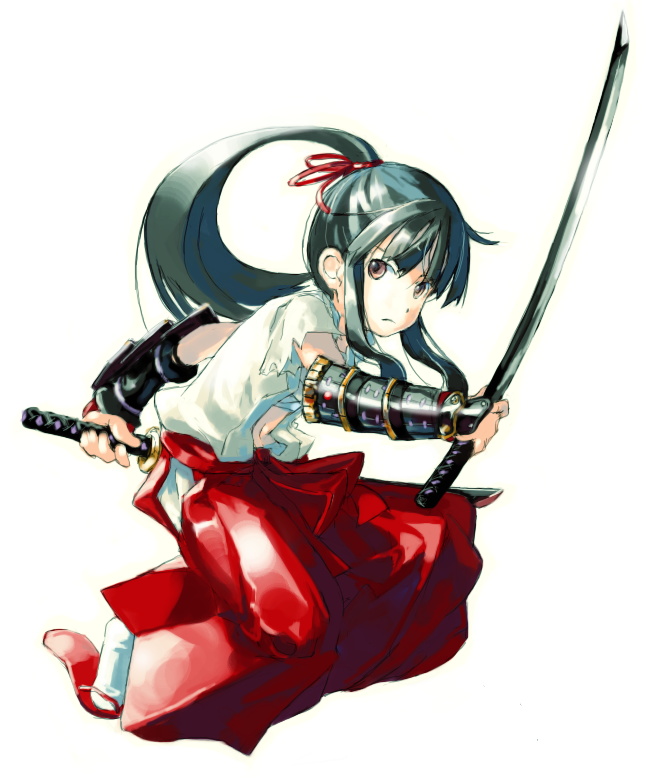 myu, 1girl, armor, dual wielding, female focus, hakama, hakama skirt, holding, japanese armor, japanese clothes, katana, kote, navel, red hakama, sarashi, simple background, skirt, solo, sword, tabi, weapon, white background