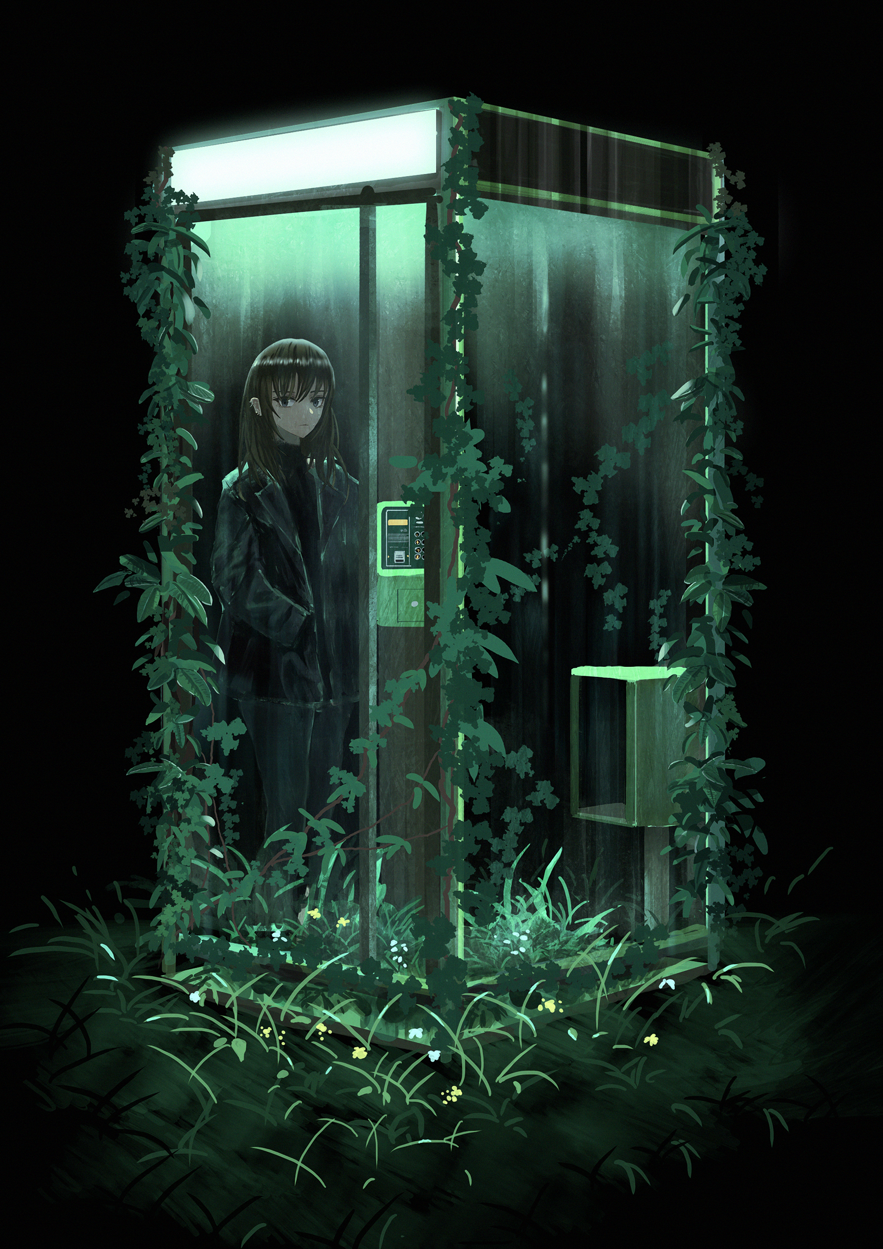 kojomi (7j543), original, absurdres, commentary request, highres, 1girl, black background, black eyes, black pants, black shirt, brown hair, expressionless, full body, grass, jacket, long hair, looking to the side, overgrown, pants, phone booth, plant, shirt, solo