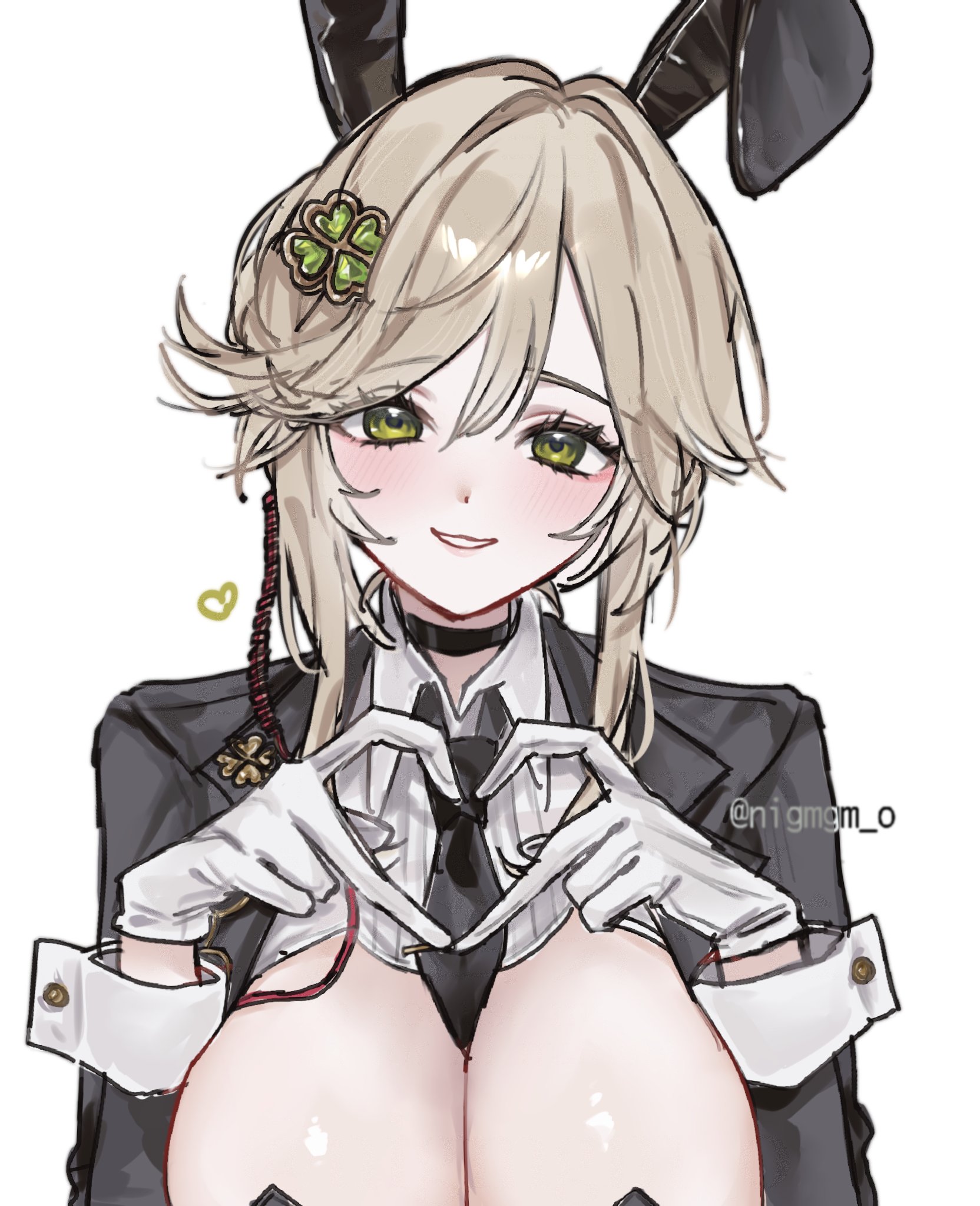 nigmgm o, ade (nikke), goddess of victory: nikke, highres, 1girl, ade: (agent bunny) (nikke), animal ears, breasts, detached collar, fake animal ears, finger heart, gloves, large breasts, leotard, official alternate costume, playboy bunny, rabbit ears, solo, upper body, white gloves, white wrist cuffs, wrist cuffs