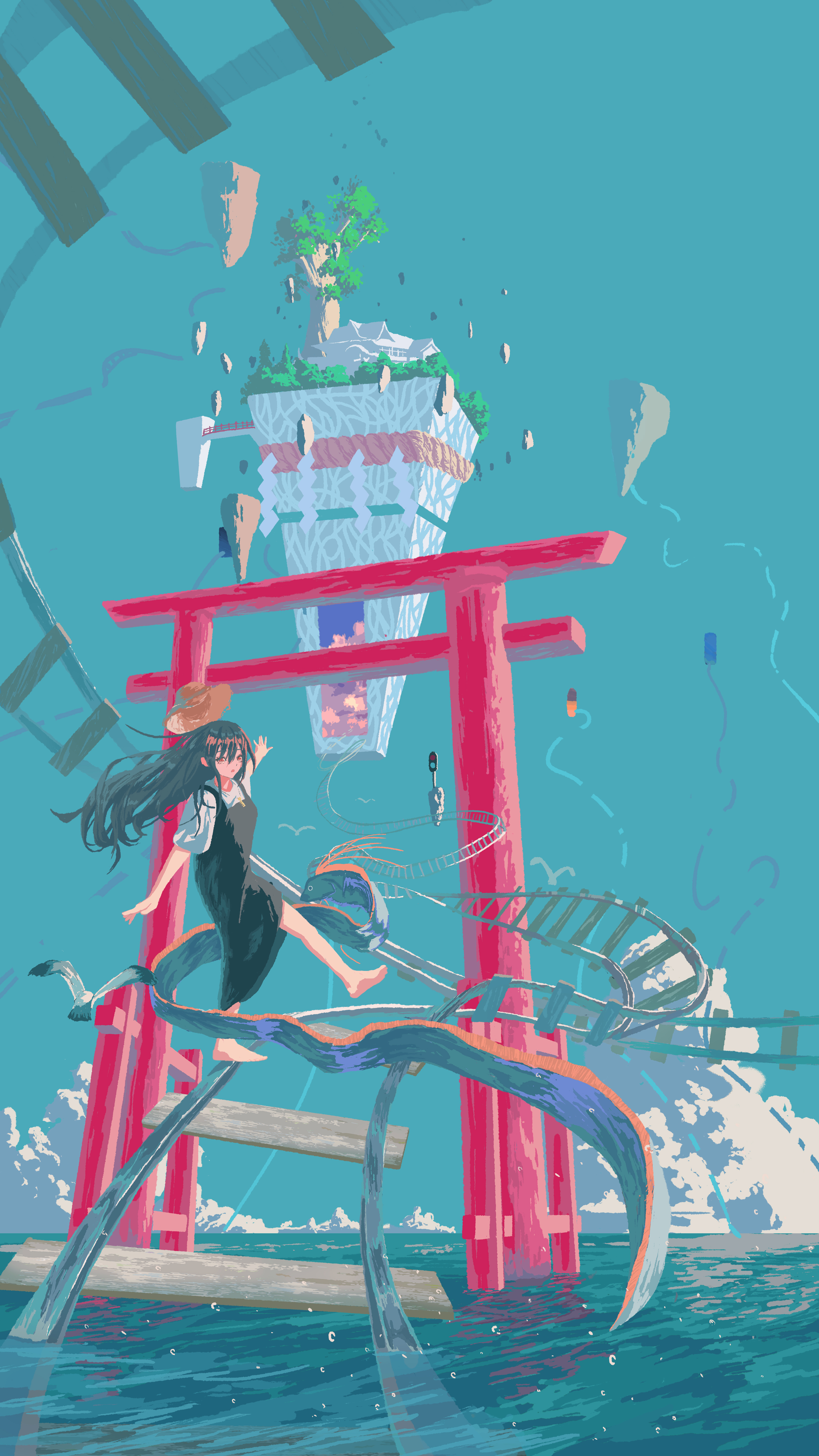 kojomi (7j543), original, absurdres, commentary request, highres, 1girl, balancing, barefoot, black dress, black hair, blue sky, cloud, dress, floating hair, floating island, jewelry, key, key necklace, long hair, looking ahead, necklace, ocean, outdoors, outstretched arms, parted lips, partially immersed, railroad tracks, red eyes, shirt, sky, solo, torii, tree, white shirt, wide shot