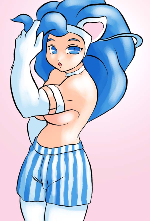 noise (lesion949), felicia (darkstalkers), capcom, darkstalkers, animal ears, cat ears, shorts, striped clothes, striped shorts, topless female