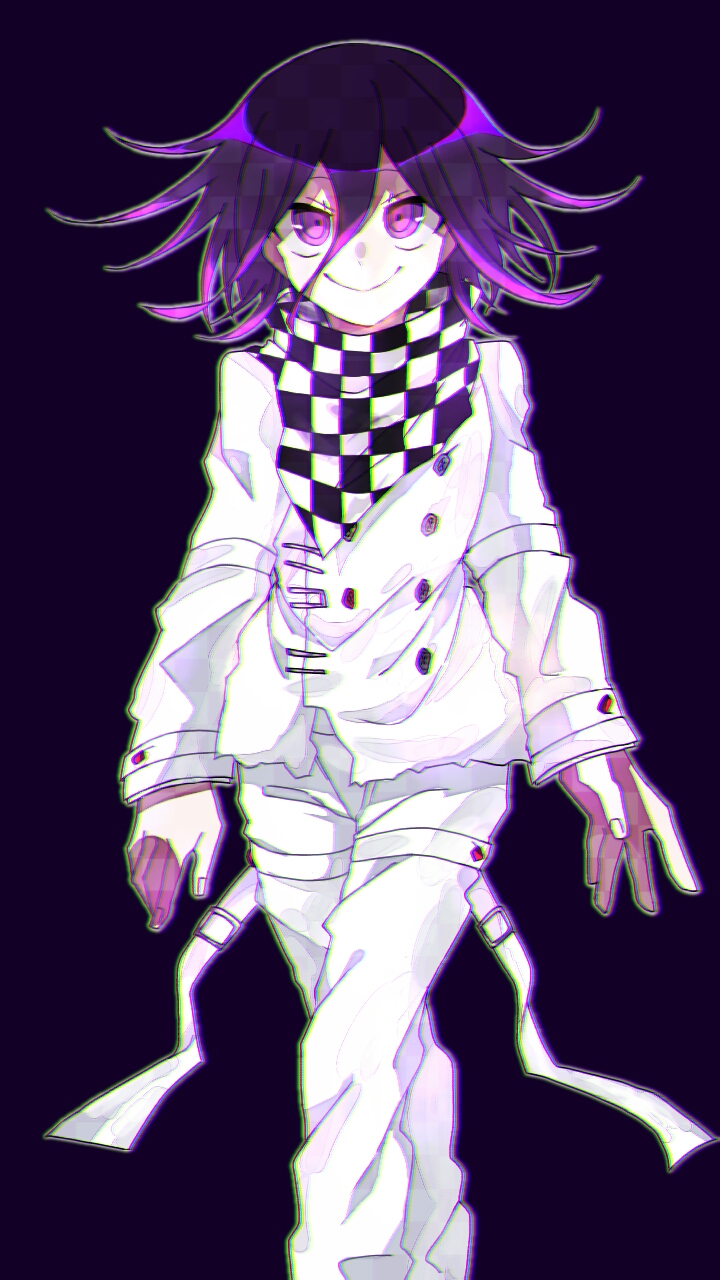 oma kokichi, danganronpa (series), danganronpa v3: killing harmony, commentary, highres, 1boy, arm belt, black background, buttons, checkered clothes, checkered scarf, chromatic aberration, closed mouth, flipped hair, hair between eyes, le ft 111, long sleeves, looking at viewer, male focus, medium hair, multicolored buttons, pants, purple eyes, purple hair, ringed eyes, scarf, simple background, sleeves past wrists, smile, solo, standing, straitjacket, thigh strap, two-tone scarf