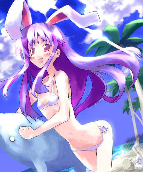 xexu, reisen udongein inaba, touhou, 1girl, animal ears, beach, bikini, day, female focus, nature, ocean, outdoors, plant, rabbit ears, sky, solo, swimsuit, white bikini