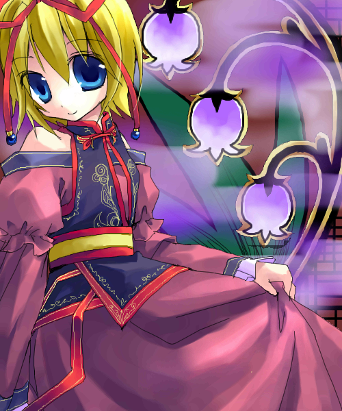 asahina, medicine melancholy, touhou, 1girl, alternate costume, bare shoulders, blonde hair, blue eyes, female focus, flower, lily of the valley, oekaki, ribbon, skirt hold, solo