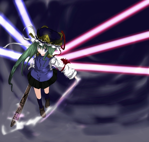 shiki eiki, touhou, 1girl, black shoes, blue eyes, danmaku, female focus, glowing, green hair, hat, kneehighs, long hair, ribbon, rod of remorse, shoes, skirt, socks, solo, wings