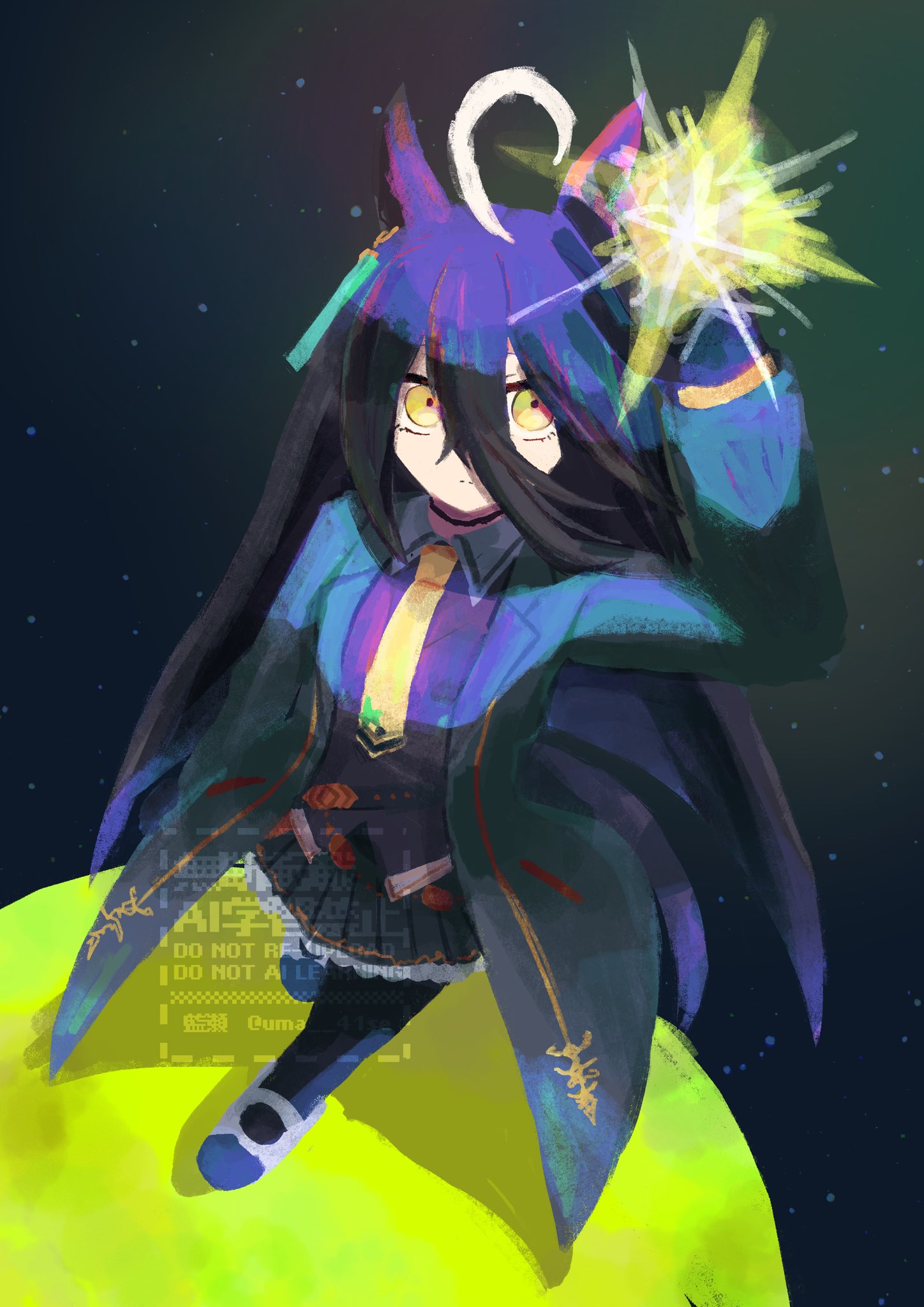 uma 41se, manhattan cafe (umamusume), umamusume, highres, 1girl, ahoge, arm up, black choker, black coat, black gloves, black hair, black skirt, black vest, choker, closed mouth, coat, collared shirt, ear ornament, ear tag, earrings, expressionless, gloves, hair between eyes, hem peeking out, jewelry, long bangs, long hair, long hair between eyes, long sleeves, multicolored hair, necktie, open clothes, open coat, pleated skirt, shirt, shoes, single earring, skirt, solo, standing, very long hair, vest, water, white hair, white shirt, white shoes, yellow eyes, yellow necktie