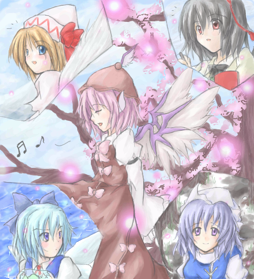cirno, letty whiterock, lily white, mystia lorelei, shameimaru aya, touhou, silver hair, 5girls, beret, black hair, blonde hair, blue dress, blue eyes, blue hair, dress, female focus, hat, looking at viewer, multiple girls, puffy short sleeves, puffy sleeves, purple eyes, purple hair, red eyes, short hair, short sleeves, standing, sweatdrop, tate eboshi, tokin hat, upper body, wings
