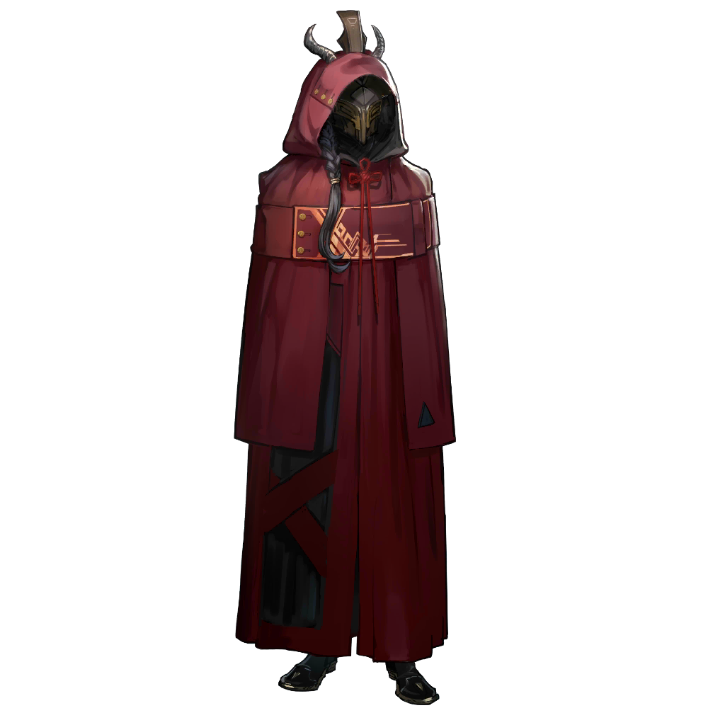 arknights, official art, third-party source, 1boy, black hair, black shoes, braid, cloak, faceless, faceless male, full body, high-ended braid, hood, hood up, hooded cloak, horns, jie zhen (arknights), long hair, male focus, masked, red cloak, sheep boy, sheep horns, shoes, simple background, single braid, solo, standing, tachi-e, transparent background