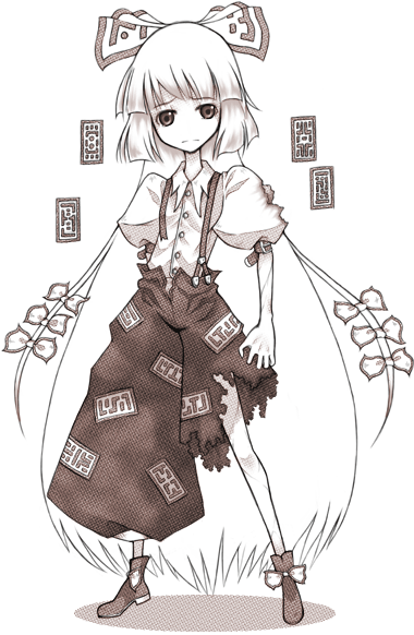 farmer (artist), fujiwara no mokou, touhou, 1girl, brown theme, female focus, greyscale, monochrome, solo