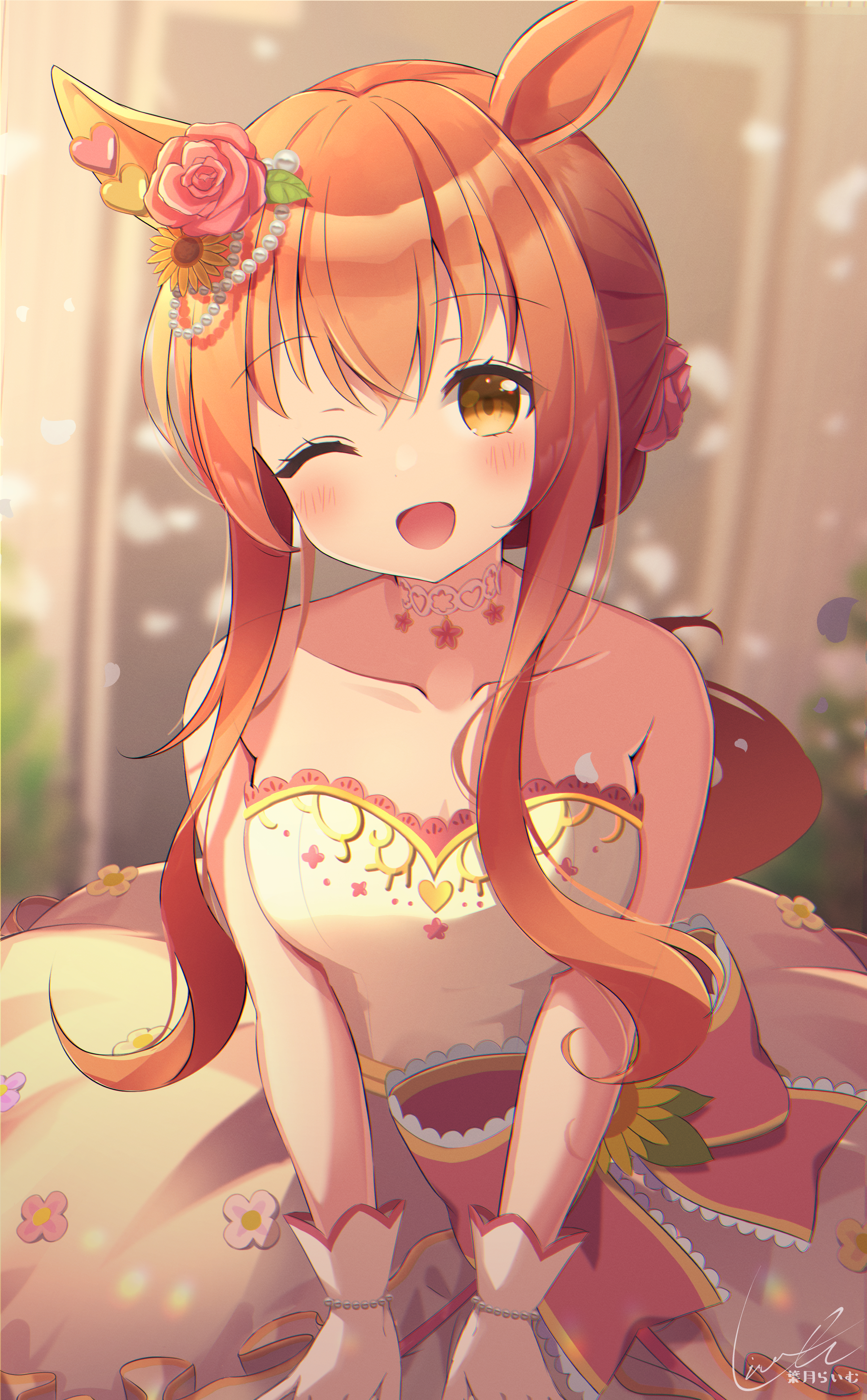 hazuki lime, mayano top gun (sunlight bouquet) (umamusume), mayano top gun (umamusume), umamusume, absurdres, commentary request, highres, 1girl, ;d, animal ear piercing, animal ears, bare shoulders, blurry, blurry background, blush, bow, bracelet, breasts, collarbone, depth of field, dress, dress bow, ear piercing, flower, flower necklace, frills, gloves, hair bun, hair flower, hair ornament, heart, horse ears, horse girl, jewelry, long hair, looking at viewer, medium breasts, necklace, one eye closed, open mouth, orange eyes, orange hair, pearl bracelet, piercing, pink bow, ribbon, rose, sidelocks, signature, sleeveless, smile, solo, strapless, strapless dress, wedding dress, white dress, white gloves