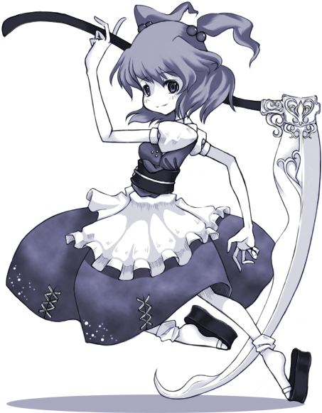 farmer (artist), onozuka komachi, touhou, 1girl, alternate weapon, blue theme, female focus, hair bobbles, hair ornament, monochrome, purple theme, scythe, solo, twintails, two side up, weapon