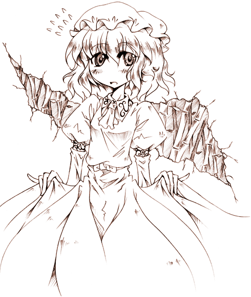 farmer (artist), maribel hearn, ghostly field club, touhou, 1girl, bamboo, brown theme, female focus, gap (touhou), hat, monochrome, solo