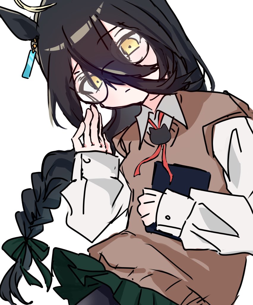 manhattan cafe (umamusume), umamusume, 1girl, ahoge, alternate hair color, animal ears, black hair, black pantyhose, blonde hair, book, brown skirt, brown sweater, censored, closed mouth, collared shirt, ear ornament, ear tag, earrings, glass, hair between eyes, hands up, holding, holding book, horse ears, horse girl, jewelry, light frown, long hair, long hair between eyes, long sleeves, mosaic censoring, multicolored hair, neck ribbon, pantyhose, pleated skirt, ribbon, sabi xoxx, shirt, short-sleeved sweater, short sleeves, simple background, single earring, skirt, solo, sweater, very long hair, white background, white shirt, yellow eyes, yellow ribbon