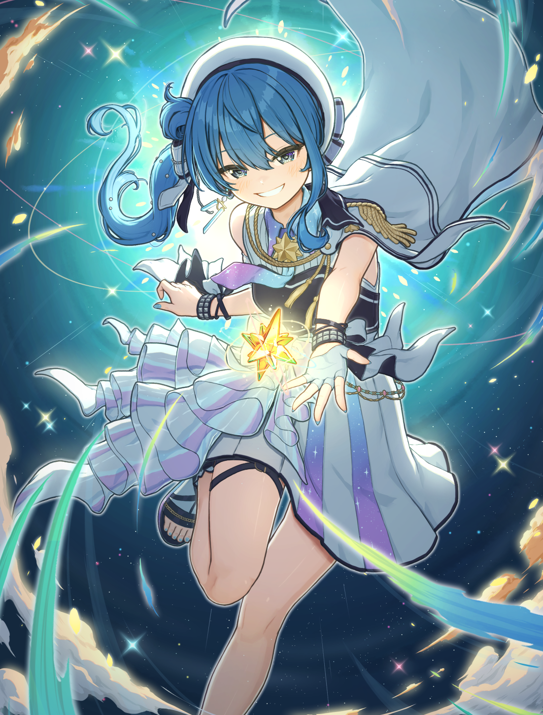 bowsan, hoshimachi suisei, hoshimachi suisei (supernova), hololive, commentary request, highres, 1girl, beret, blue eyes, blue hair, blue nails, blue shirt, brooch, cape, collared shirt, earrings, epaulettes, fingerless gloves, gloves, gradient necktie, grin, hair between eyes, hair bun, hat, high-waist skirt, idol, idol clothes, jewelry, long hair, looking at viewer, miniskirt, nail polish, necktie, official alternate costume, official alternate hairstyle, outstretched arm, pleated skirt, reaching, reaching towards viewer, sandals, shirt, side cape, side ponytail, side up bun, single earring, single epaulette, single glove, single sidelock, skirt, sleeveless, sleeveless shirt, smile, solo, star (symbol), star brooch, star in eye, symbol in eye, toenail polish, toenails, toes, virtual youtuber, white cape, white gloves, white hat, white skirt