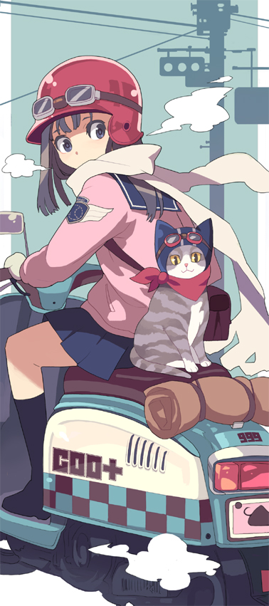 bf. (sogogiching), original, vehicle, long image, tall image, 1girl, cat, female focus, goggles, helmet, motor vehicle, scarf, school uniform, scooter, serafuku, solo