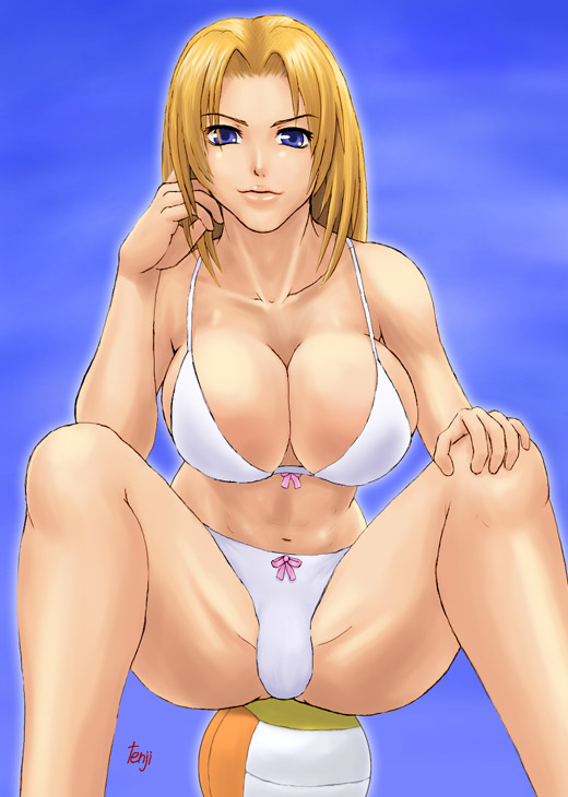 tenji, tina armstrong, dead or alive, dead or alive xtreme beach volleyball, tecmo, eyebrows, 1girl, artist name, ball, bow, bow panties, bra, breasts, feet out of frame, female focus, hair intakes, lingerie, panties, sitting, sitting on object, solo, spread legs, underwear, underwear only, volleyball (object), white panties