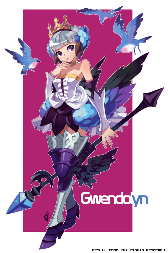 bf. (sogogiching), gwendolyn (odin sphere), odin sphere, 1girl, armor, armored dress, bird, boots, character name, crown, dress, female focus, holding behind back, holding polearm, holding polearm behind back, holding weapon, holding weapon behind back, multicolored wings, polearm, pteruges, purple background, solo, spear, strapless, strapless dress, weapon, wings