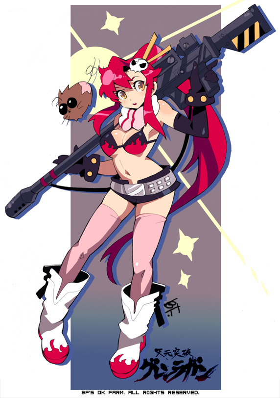 bf. (sogogiching), boota (ttgl), yoko littner, tengen toppa gurren lagann, 00s, 1girl, breasts, cleavage, female focus, gun, medium breasts, rifle, scarf, solo, thighhighs, weapon
