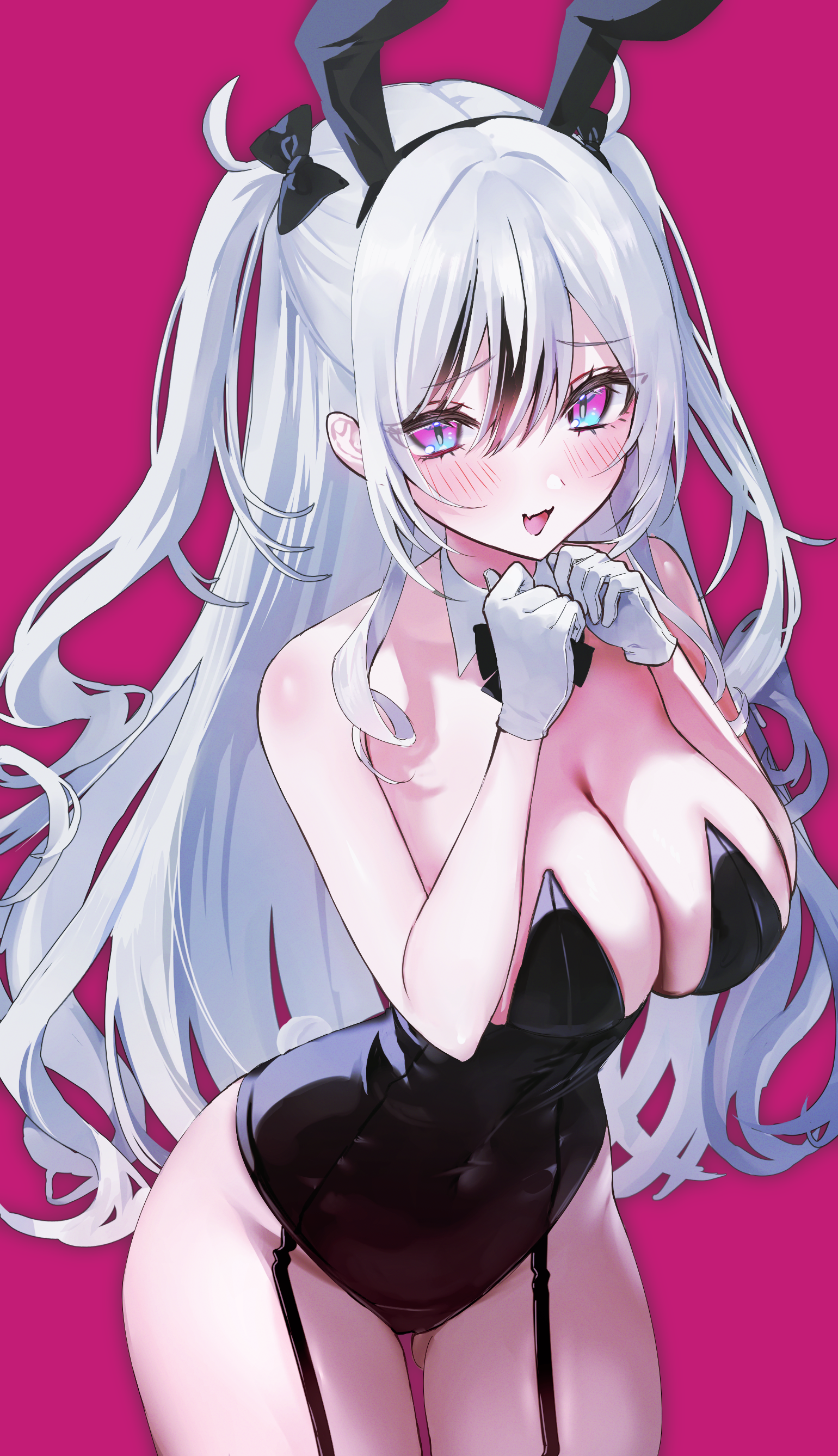 trtrpnk, elbe (azur lane), azur lane, absurdres, highres, 1girl, :d, animal ears, black bow, black bowtie, black hair, black leotard, blue eyes, blush, bow, bowtie, breasts, cleavage, detached collar, fake animal ears, garter straps, gloves, hair bow, large breasts, leotard, long hair, multicolored eyes, multicolored hair, open mouth, pink background, pink eyes, playboy bunny, rabbit ears, simple background, smile, solo, streaked hair, two-tone eyes, white gloves, white hair