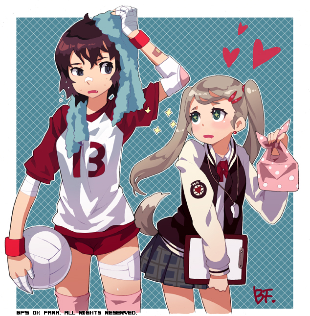 bf. (sogogiching), original, 2girls, ball, bandages, bento, black eyes, brown hair, clipboard, clothes writing, green eyes, gym uniform, jacket, jersey, long hair, looking at another, multiple girls, plaid clothes, plaid skirt, raglan sleeves, school uniform, serafuku, short hair, skirt, tail, thighhighs, tomboy, towel, track jacket, twintails, volleyball, volleyball (object), wristband, yuri