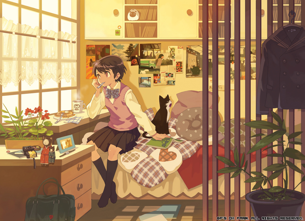 bf. (sogogiching), gulliver (eureka seven), eureka seven, eureka seven (series), original, 00s, 1girl, bed, bedroom, brown eyes, brown hair, cameo, camera, cat, cup, day, eating, female focus, head rest, indoors, morning, photo (object), pillow, plant, potted plant, room, roomscape, school uniform, serafuku, short hair, sitting, slice of life, solo, yawning, yellow theme